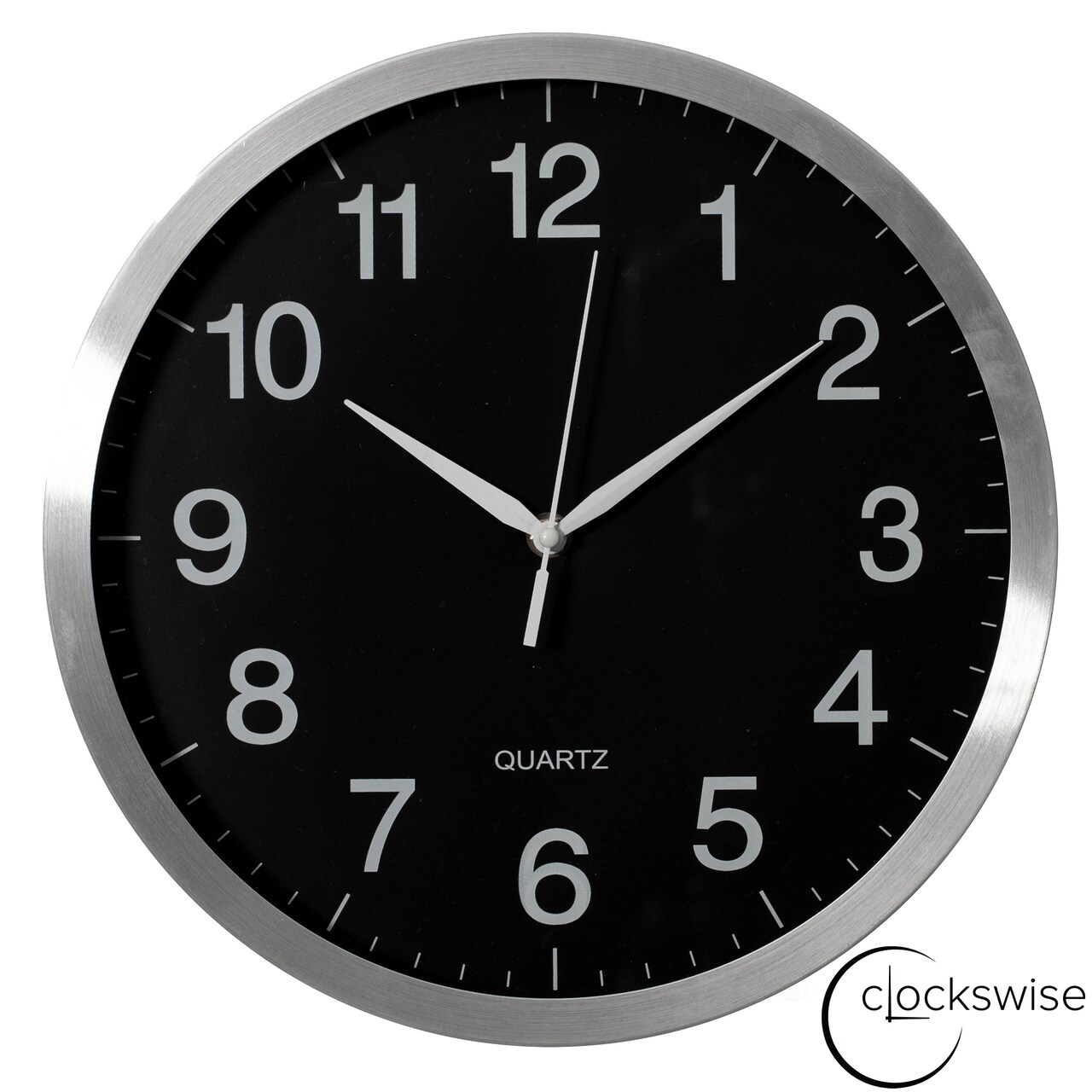 Clockswise Round Quartz Wall Clock Non-Ticking Battery Operated with Silent Sweep Movement, Aluminum Silver Frame, Perfect for Home Kitchen Office Living Room Study Hallway Classroom, Black Face